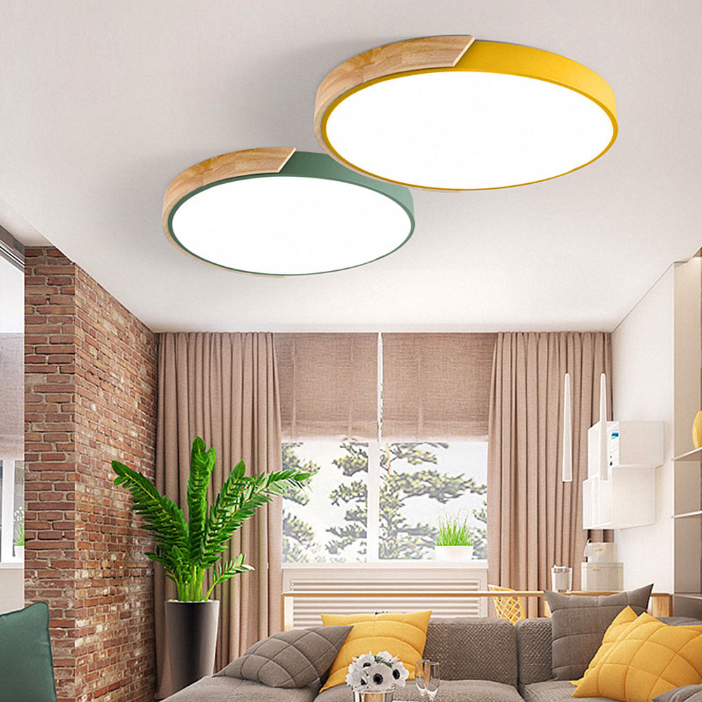 LumiWood - Plafonnier LED Rond Minimaliste avec Décor Bois