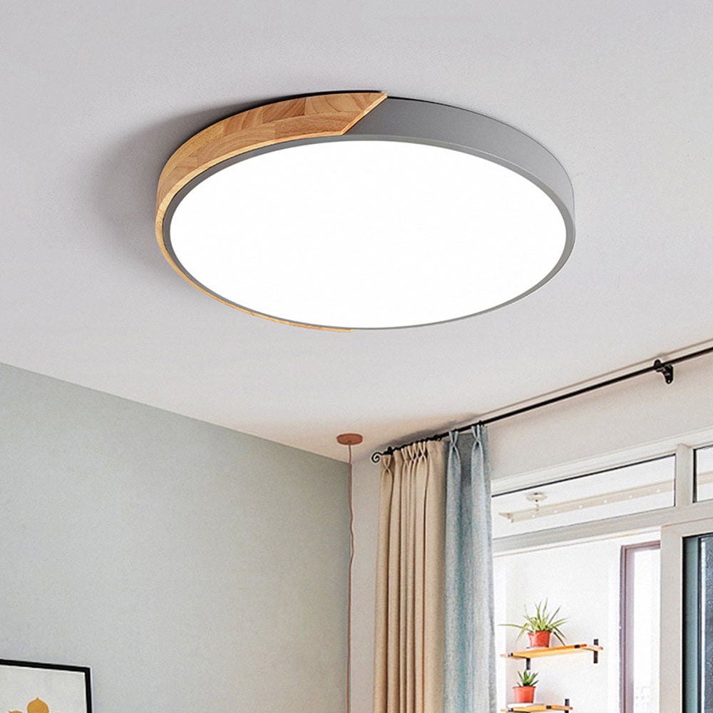 LumiWood - Plafonnier LED Rond Minimaliste avec Décor Bois