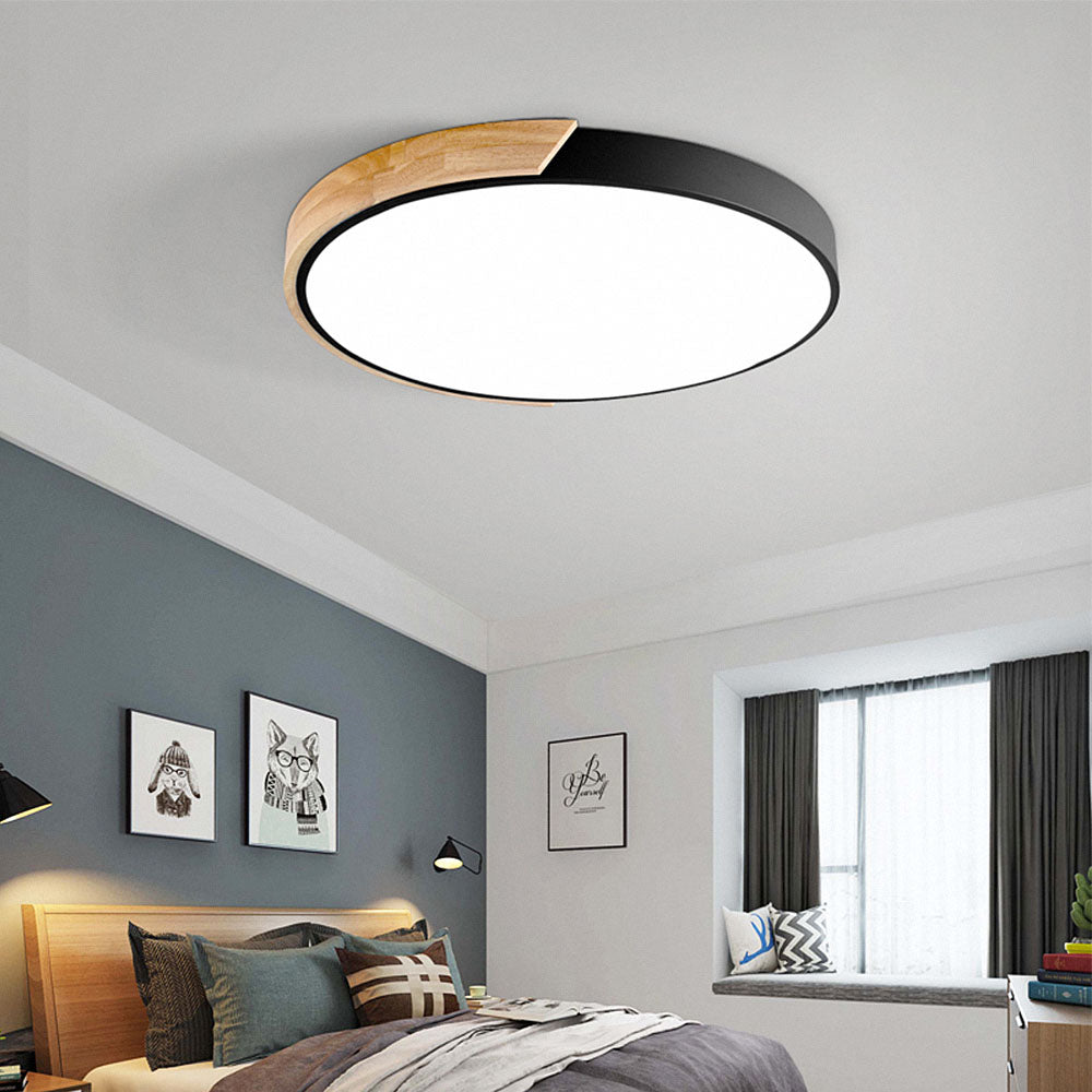 LumiWood - Plafonnier LED Rond Minimaliste avec Décor Bois